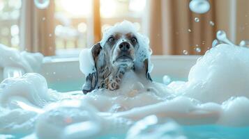 Playful dog enjoying a bubble bath in a sunlit bathroom with soft background ambiance photo