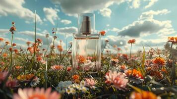 A glass perfume bottle placed amidst a vibrant flower field under a sunny sky with clouds photo