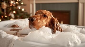 Relaxed dog enjoying a bubble bath in a cozy home setting with holiday decorations in the background photo