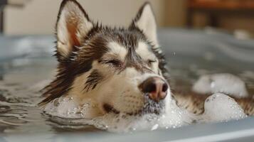A relaxed husky enjoying a bubble bath in a cozy indoor setting with soft lighting photo