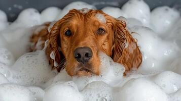 Golden retriever enjoying a bubble bath, surrounded by frothy bubbles in a cozy bathroom setting photo