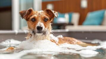 Playful dog enjoying a bath in a luxurious outdoor jacuzzi with bubbles and relaxation area photo