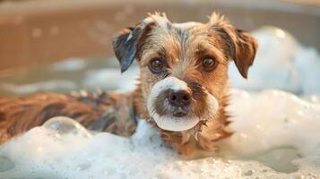 A small dog enjoying a bubbly bath in a tub, with soap suds and playful atmosphere photo