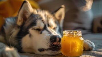 A relaxed dog resting beside a jar of honey in a cozy indoor setting with soft lighting photo