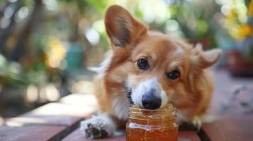 Adorable corgi dog enjoying honey from a jar in a vibrant garden setting with plants photo