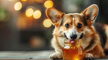 A playful corgi dog joyfully poses with a jar of honey, surrounded by a cozy, softly lit background photo