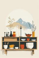 Modern interior display featuring colorful kitchenware and decorative elements against a serene mountain backdrop photo