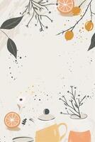A serene illustration featuring citrus fruits and tea pots, surrounded by delicate foliage and soft colors photo