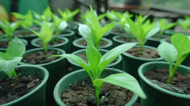 Close-up of vibrant green seedlings in pots, thriving in a greenhouse environment photo