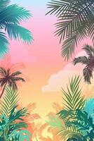 Vibrant tropical sunset with palm trees framing a serene beach scene and colorful sky photo