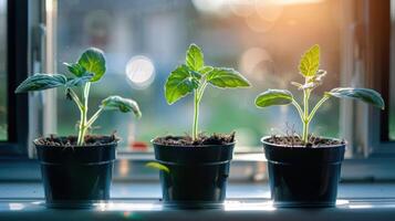 Three vibrant green plants in pots on a sunlit windowsill with a soft bokeh background photo