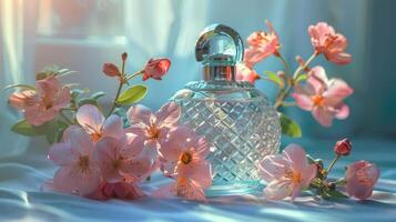 Elegant glass perfume bottle surrounded by delicate pink blossoms on a soft fabric background photo