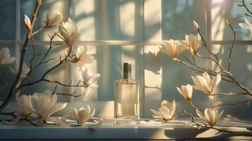 Elegant perfume bottle surrounded by blooming magnolia flowers on a sunlit windowsill photo