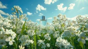 Fragrant perfume bottle suspended in a blooming flower field under a blue sky with clouds photo