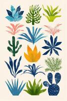 Colorful illustration of various plants and leaves arranged in a grid pattern on a light background photo