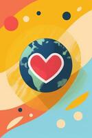 Colorful abstract illustration of Earth with a heart symbol, surrounded by vibrant shapes and patterns photo