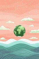 Illustrative depiction of Earth floating above stylized waves under a pastel sky with clouds photo