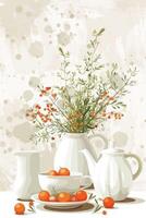 A serene still life featuring a teapot, cups, and a vase of greenery with berries on a textured background photo