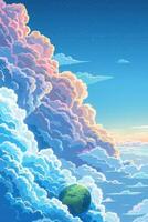 Colorful clouds at sunset with a small green planet visible, creating a serene atmosphere photo