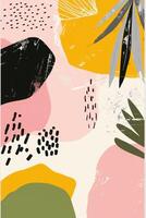Abstract composition featuring colorful shapes and textures with plant elements in a modern design photo