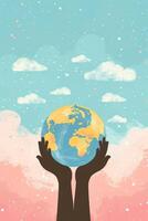 Hands holding a colorful globe against a pastel sky with clouds, symbolizing unity and care for Earth photo