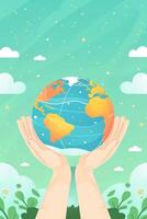 Hands holding a colorful globe against a serene sky with clouds and greenery, symbolizing care for the Earth photo