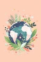 Colorful illustration of Earth surrounded by vibrant plants and flowers on a soft pink background photo