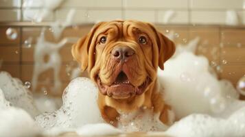 Playful dog enjoying a bubble bath in a cozy bathroom with foam and cheerful ambiance photo