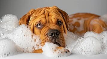 A playful dog enjoying a bubble bath, surrounded by fluffy soap suds in a bright setting photo