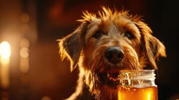 A playful dog enjoying a drink from a jar in a cozy, dimly lit setting with candles photo