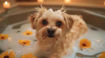 A small dog enjoying a bubble bath surrounded by sunflowers and soft candlelight ambiance photo