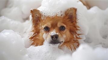 A fluffy dog enjoying a bubble bath in a cozy bathroom with soft lighting and playful atmosphere photo