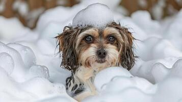 A playful dog covered in bubbles during a bath, surrounded by a bubbly environment photo