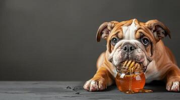 Playful bulldog enjoying honey from a jar on a rustic table with a neutral background photo