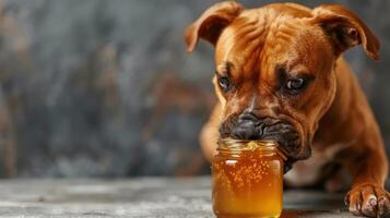 Dog curiously inspecting a jar of honey on a textured surface with a blurred background photo