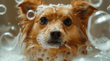 Close-up of a small dog enjoying a bubble bath with soap suds surrounding its face photo