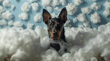 A playful dog surrounded by fluffy soap bubbles in a bright setting, capturing a fun bath time moment photo