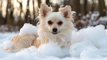 A fluffy dog lounging in a bubbly snow scene, surrounded by trees and soft winter light photo
