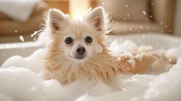 A fluffy dog enjoying a bubble bath in a cozy, well-lit bathroom with soft furnishings photo