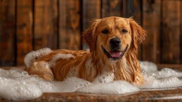 Golden retriever enjoying a bubble bath in a rustic wooden setting, creating a joyful atmosphere photo
