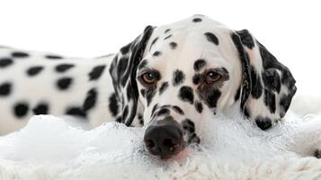 A playful Dalmatian dog lying on a fluffy white surface with bubbles around its face, relaxing photo
