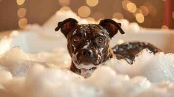 A playful dog enjoys a bubbly bath amidst festive lights, creating a cheerful atmosphere photo