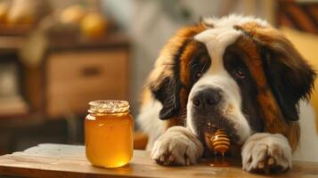 Saint Bernard dog resting its head on a table near a jar of honey in a cozy home setting photo