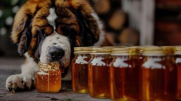 A Saint Bernard dog curiously observes a jar of honey among several jars in a rustic setting photo