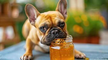 A playful French Bulldog enjoying honey from a jar in a vibrant garden setting photo