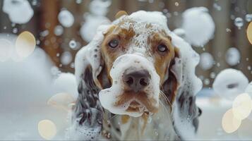 Playful dog covered in bubbles during a bath at home, with a blurred background of a cozy setting photo