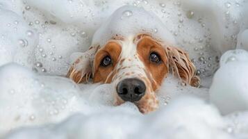 A playful dog enjoying a bubble bath, surrounded by foam and water, with a cheerful ambiance photo