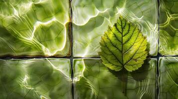 A vibrant green leaf resting on reflective green tiles, illuminated by soft sunlight, creating a serene atmosphere photo