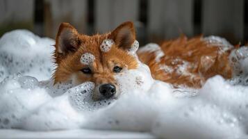 A playful dog enjoying a bubbly bath while relaxing in a cozy bathroom setting photo