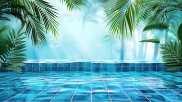 Serene tropical pool scene with vibrant foliage and tranquil water reflecting light photo